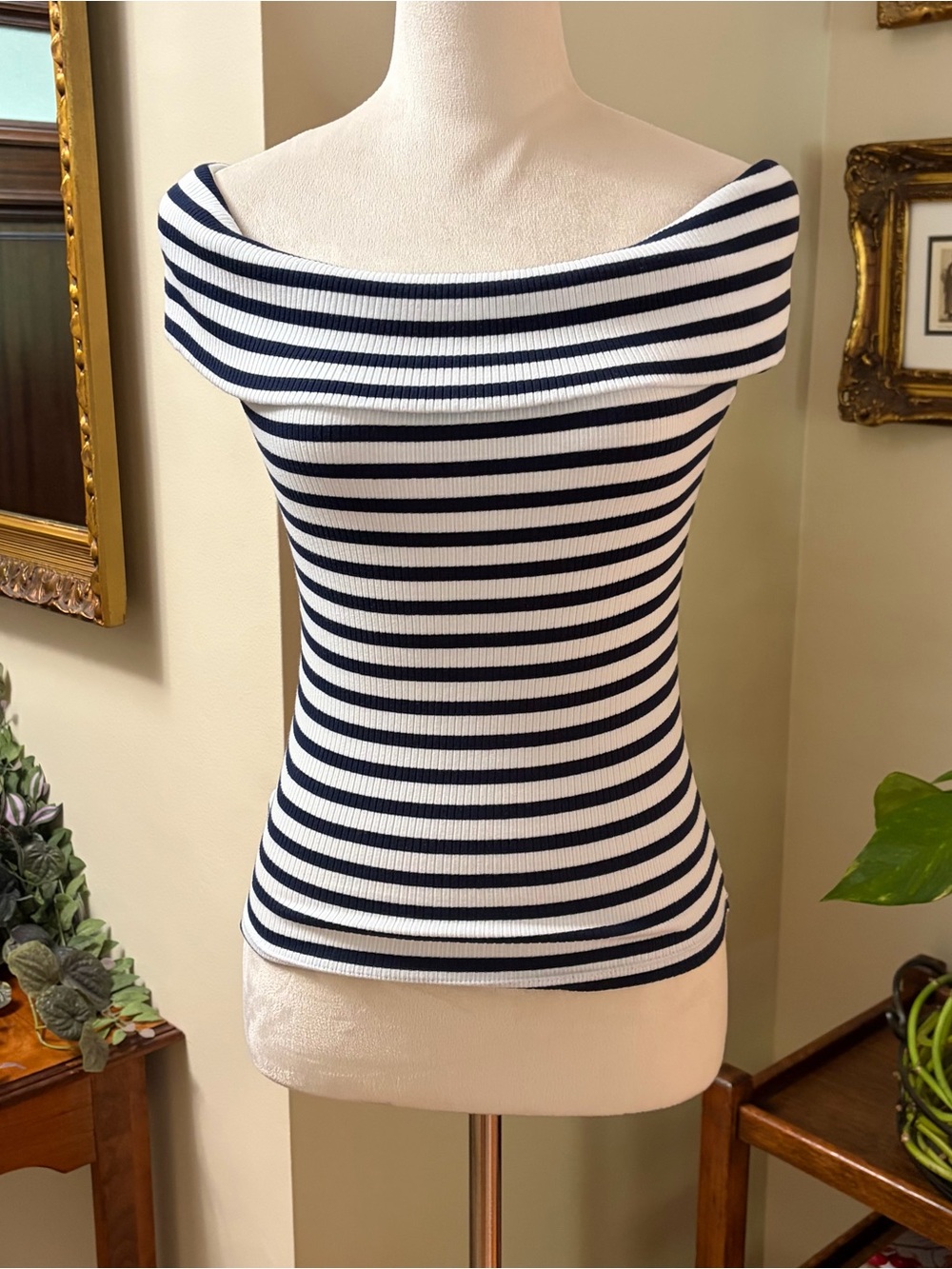 LOFT Navy and White Striped Off-the-Shoulder Sweater